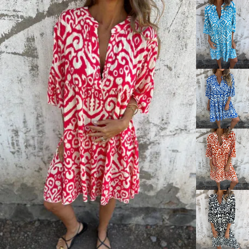Astrid - Printed V-Neck Dress with Three-Quarter Sleeves