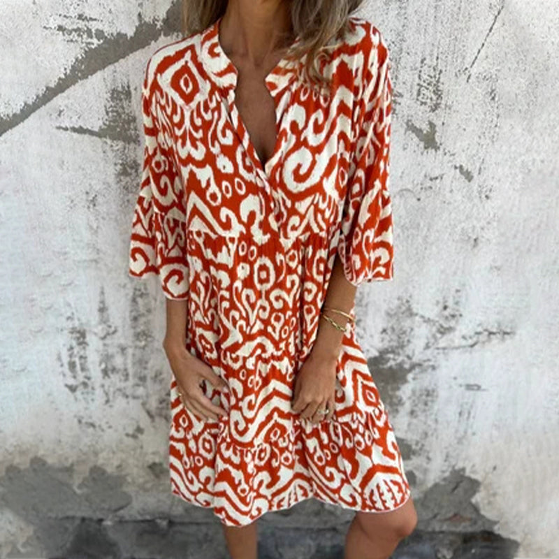 Astrid - Printed V-Neck Dress with Three-Quarter Sleeves
