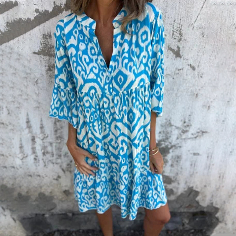 Astrid - Printed V-Neck Dress with Three-Quarter Sleeves