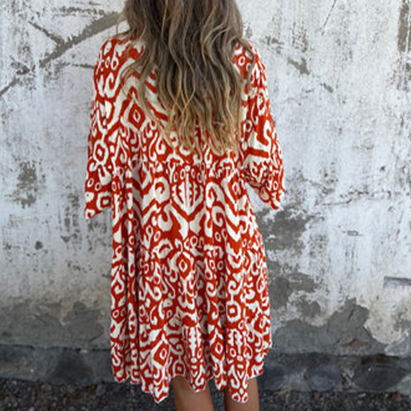 Astrid - Printed V-Neck Dress with Three-Quarter Sleeves