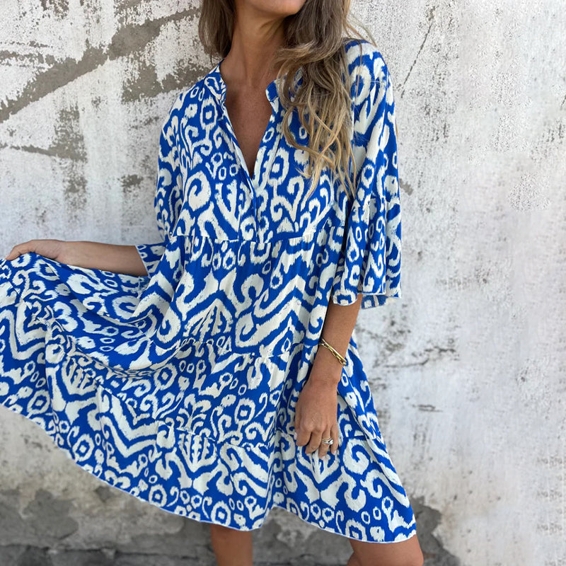 Astrid - Printed V-Neck Dress with Three-Quarter Sleeves