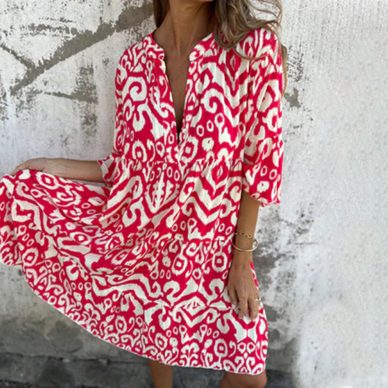 Astrid - Printed V-Neck Dress with Three-Quarter Sleeves