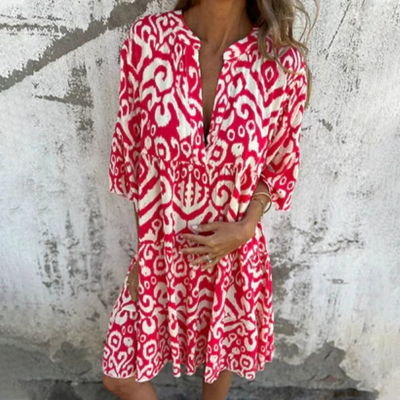 Astrid - Printed V-Neck Dress with Three-Quarter Sleeves