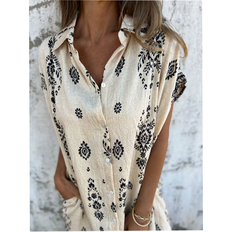 Sylviane - Loose Printed Short Sleeve Dress with Pockets