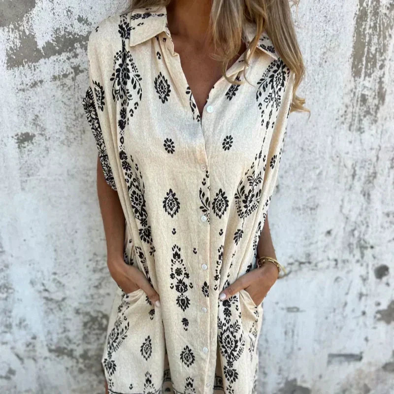 Sylviane - Loose Printed Short Sleeve Dress with Pockets