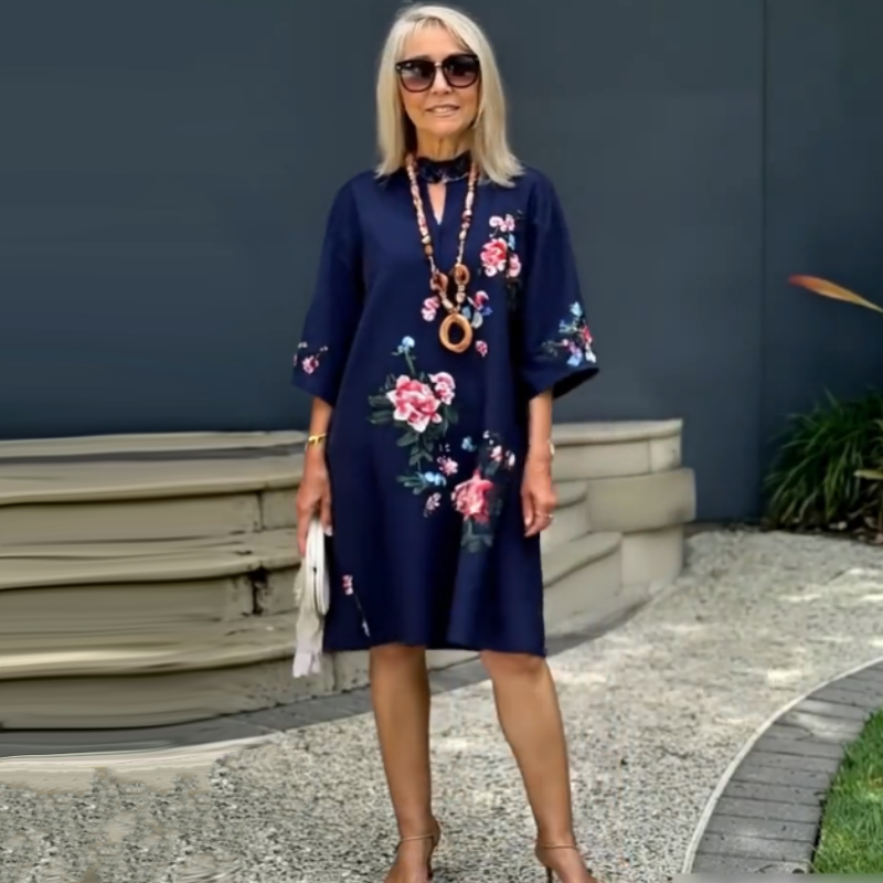 Yolanda - Robe Ample Fleurie en Coton et Lin avec Col V