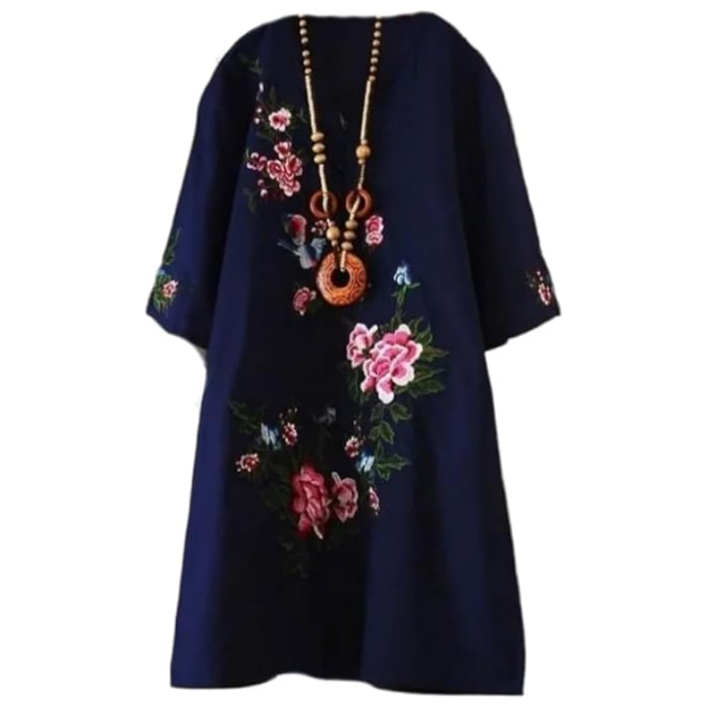 Yolanda - Robe Ample Fleurie en Coton et Lin avec Col V