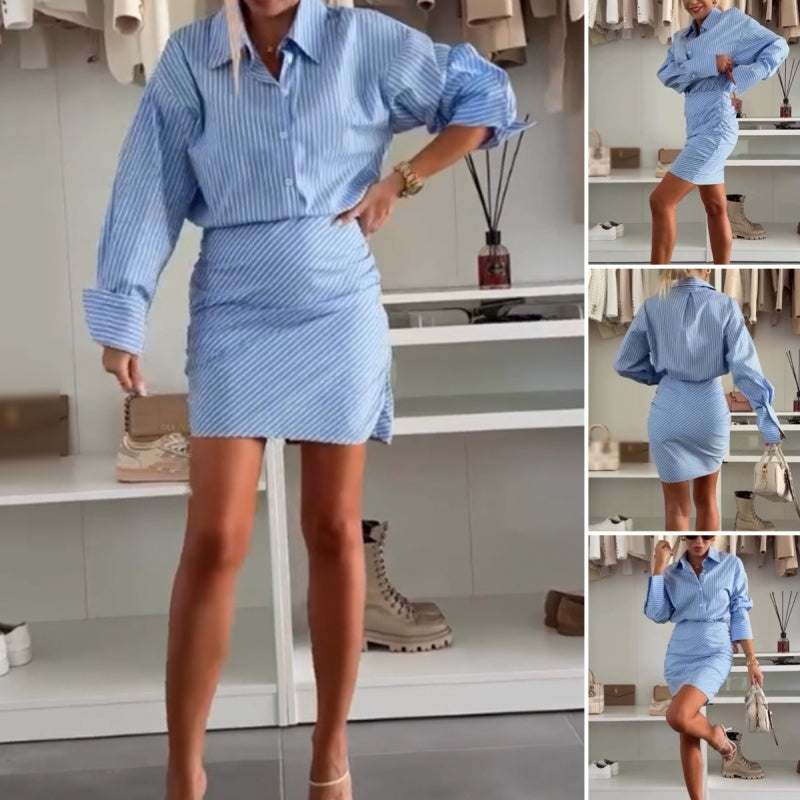 Samia - Robe Chemise à Manches Longues à Rayures avec Col Revers