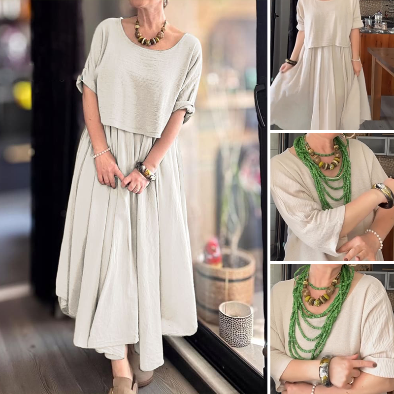 Fiorenza - Women's Two-Piece Cotton and Linen Round Neck Blouse and Skirt Set