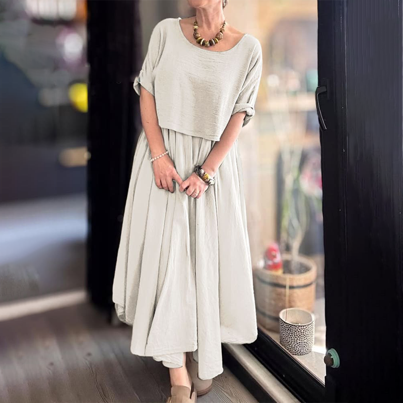 Fiorenza - Women's Two-Piece Cotton and Linen Round Neck Blouse and Skirt Set