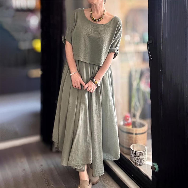 Fiorenza - Women's Two-Piece Cotton and Linen Round Neck Blouse and Skirt Set