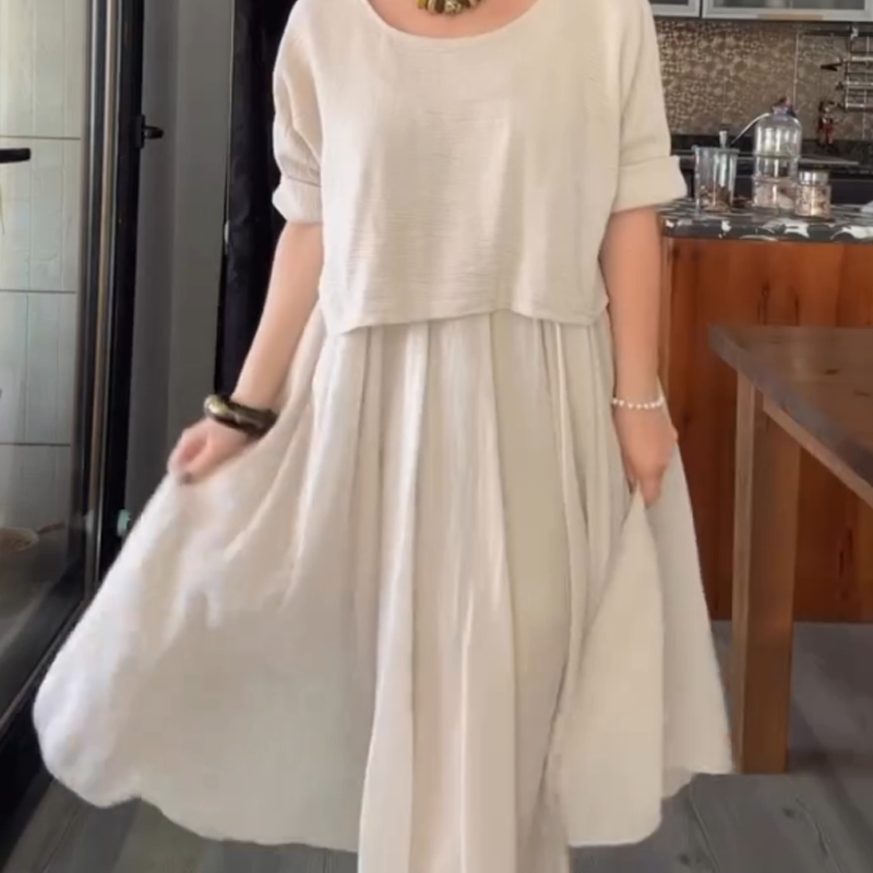 Fiorenza - Women's Two-Piece Cotton and Linen Round Neck Blouse and Skirt Set