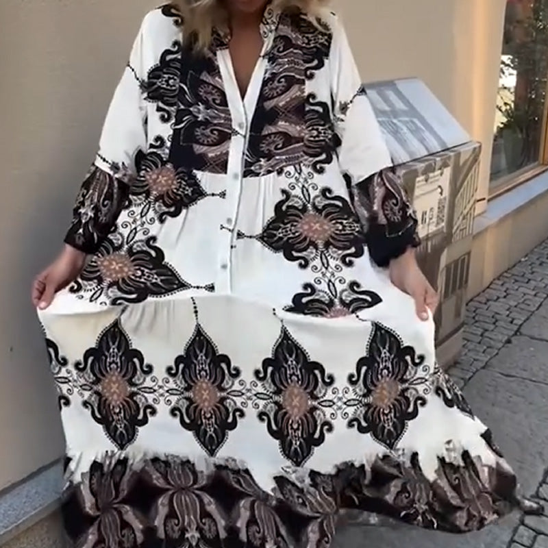 Anirelle - Robe femme élégante imprimée ample fluide col V manches évasées