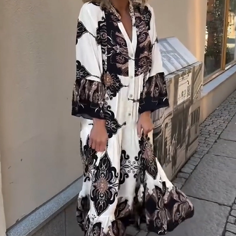 Anirelle - Robe femme élégante imprimée ample fluide col V manches évasées