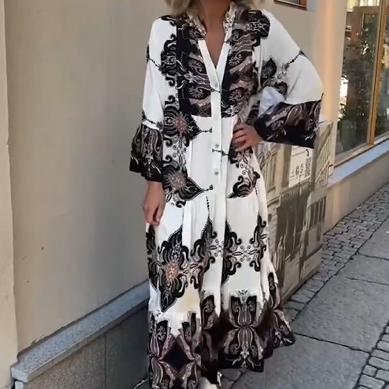 Anirelle - Robe femme élégante imprimée ample fluide col V manches évasées