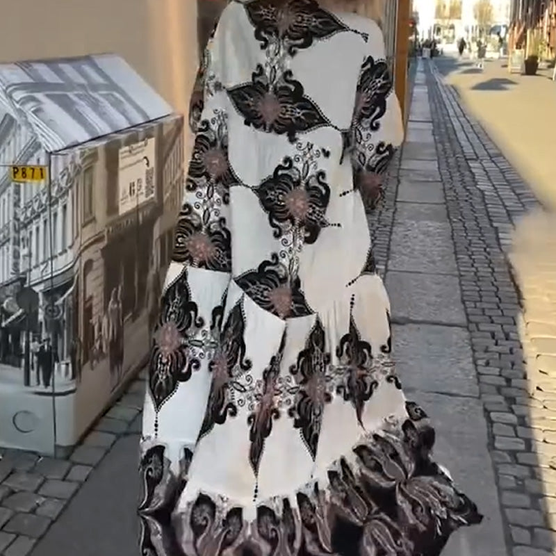 Anirelle - Robe femme élégante imprimée ample fluide col V manches évasées