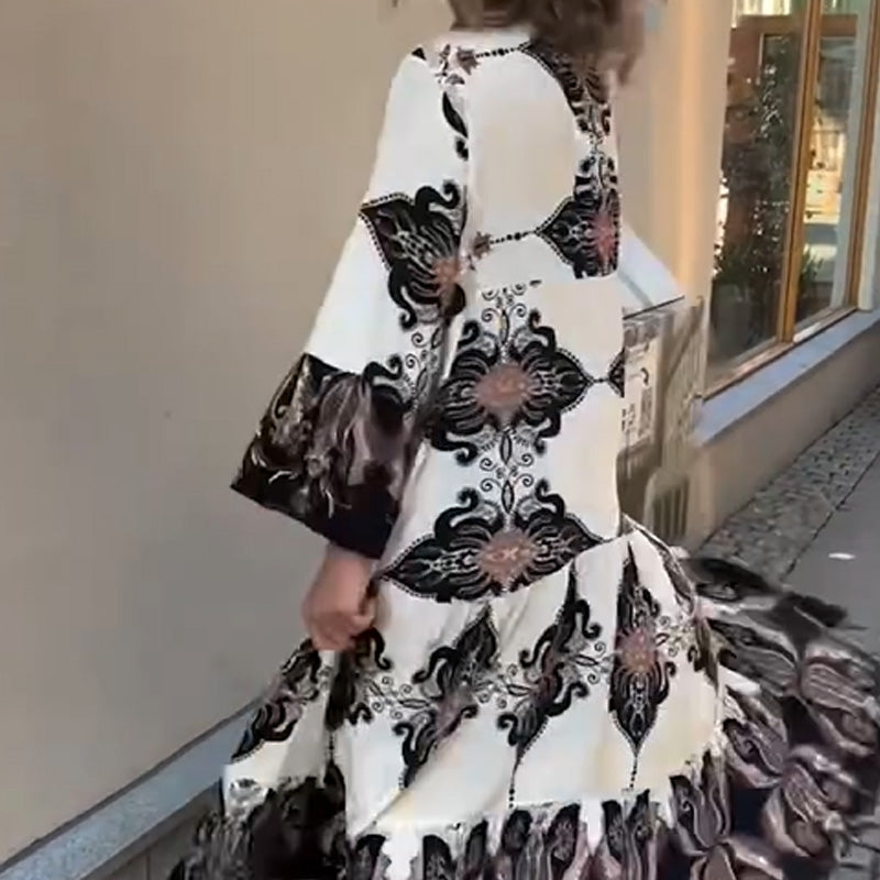 Anirelle - Robe femme élégante imprimée ample fluide col V manches évasées