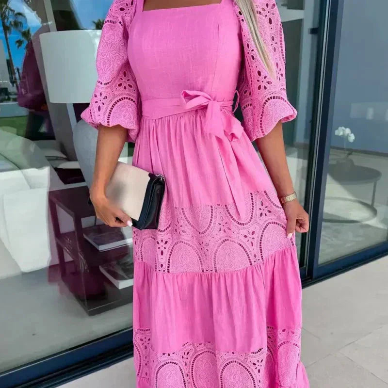 Therenia - Long Patchwork Dress with Belt and Square Neckline