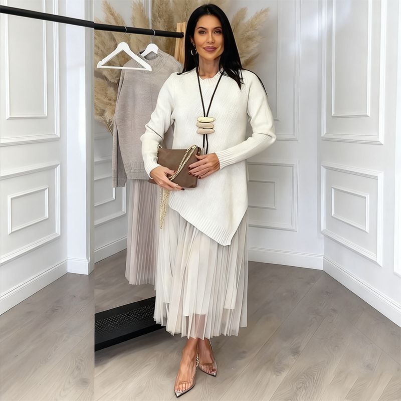 Evelyara - Asymmetrical Sweater and Pleated Midi Dress Set