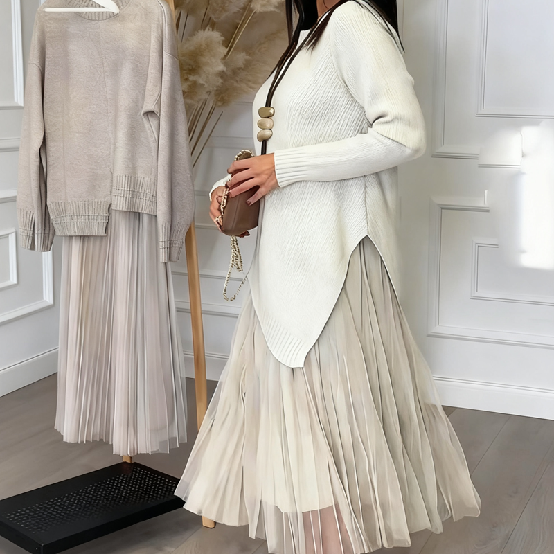 Evelyara - Asymmetrical Sweater and Pleated Midi Dress Set
