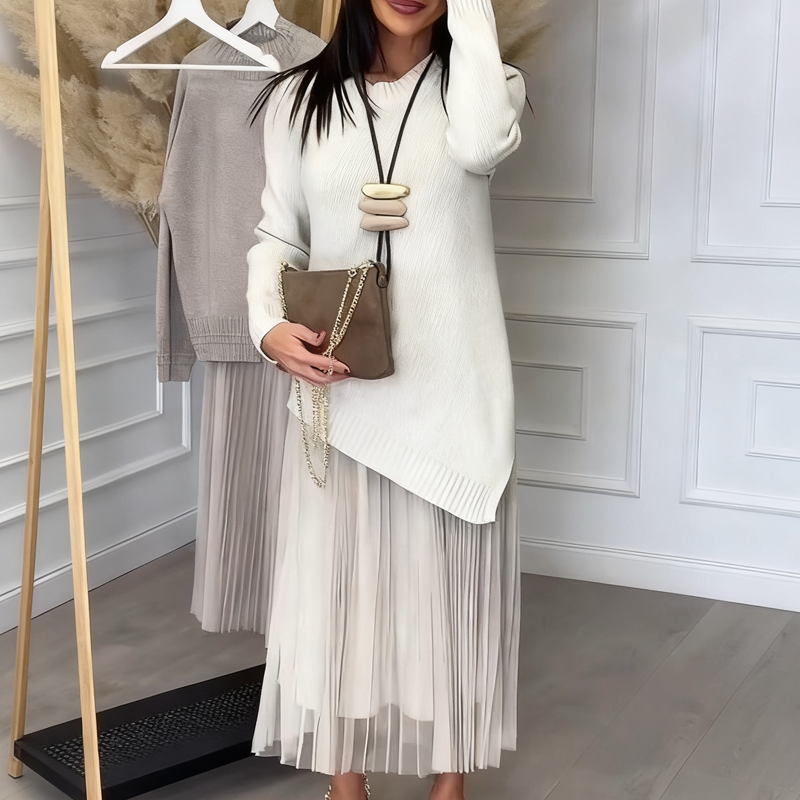 Evelyara - Asymmetrical Sweater and Pleated Midi Dress Set