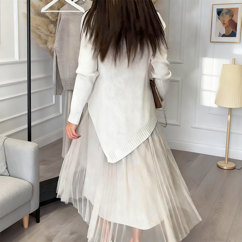 Evelyara - Asymmetrical Sweater and Pleated Midi Dress Set