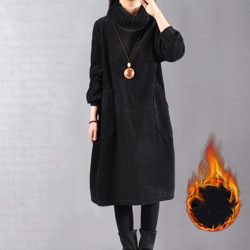 Lunavellia - Robe Longue en Velours Côtelé à Col Haut pour Femmes