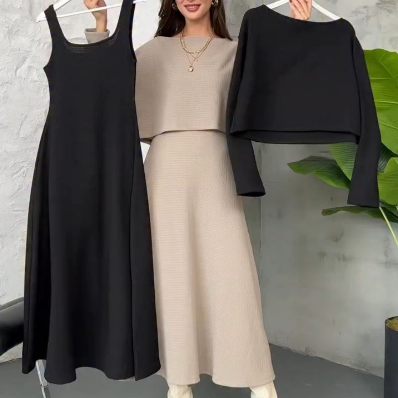 Kalissavine - Women's Two-Piece Knitted Set – Elegant Midi Dress & Crop Top