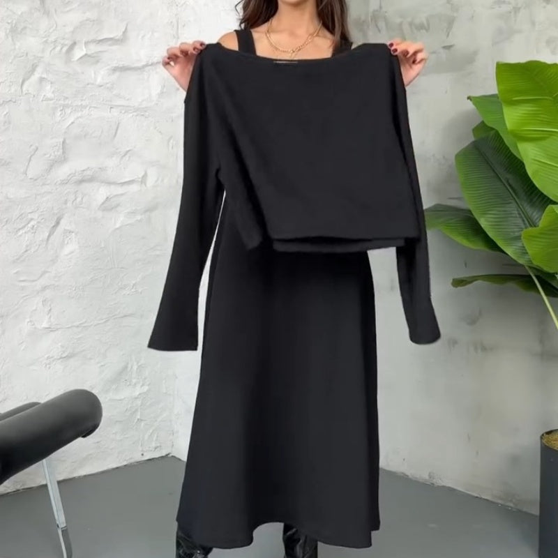 Kalissavine - Women's Two-Piece Knitted Set – Elegant Midi Dress & Crop Top