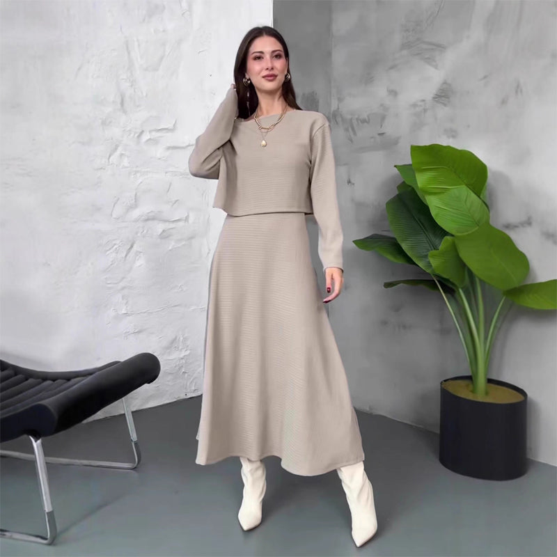 Kalissavine - Women's Two-Piece Knitted Set – Elegant Midi Dress & Crop Top