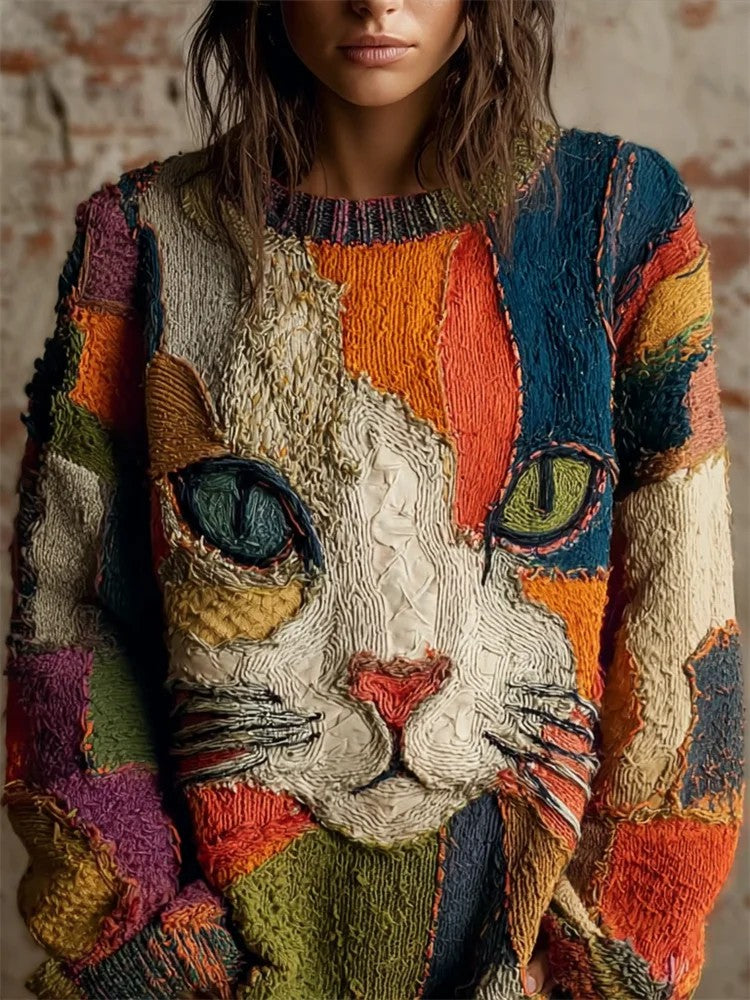 Marivelora - Vintage Knit Sweater with Cat Art Print