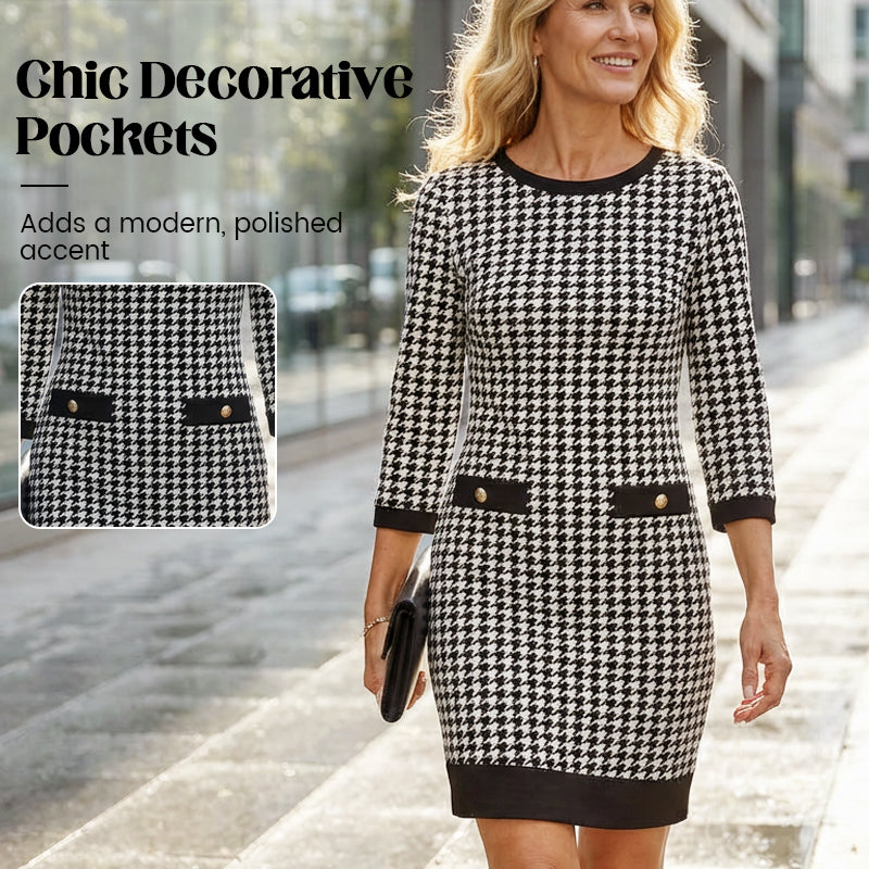 Olyra - Elegant Houndstooth Midi Dress with Round Neck