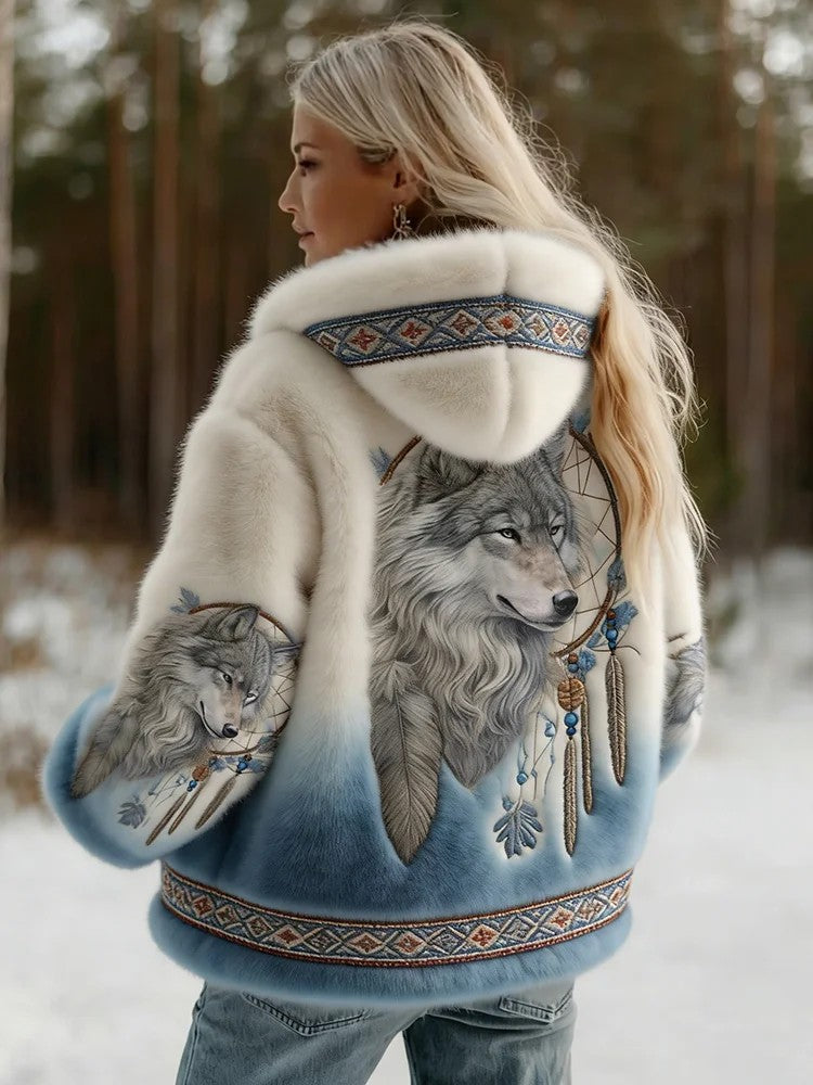 Dahlina - Women's Soft Hooded Jacket with Wolf Print
