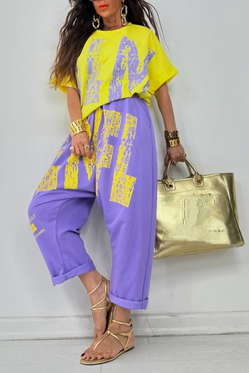 Kirelle - Women's casual set with round neck printed top and pants