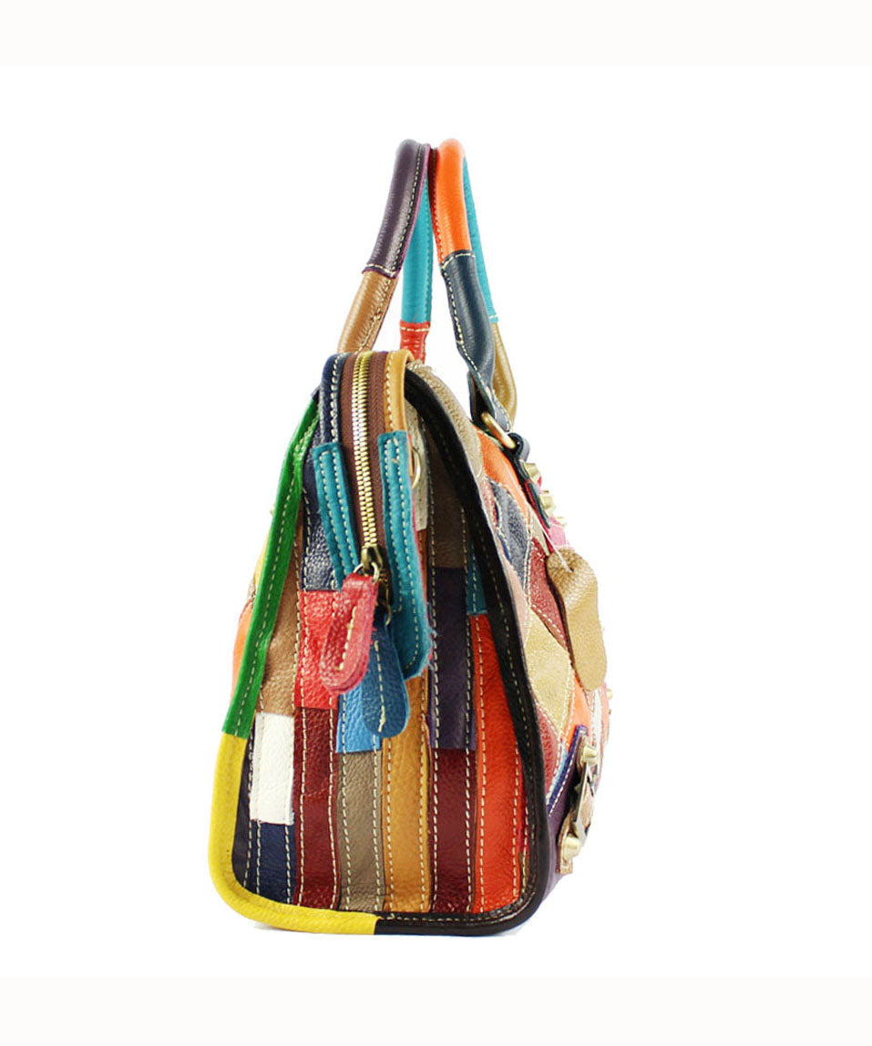 Gravina™ - Sac tote élégant en cuir de veau patchwork avec fermeture éclair et clous colorblock