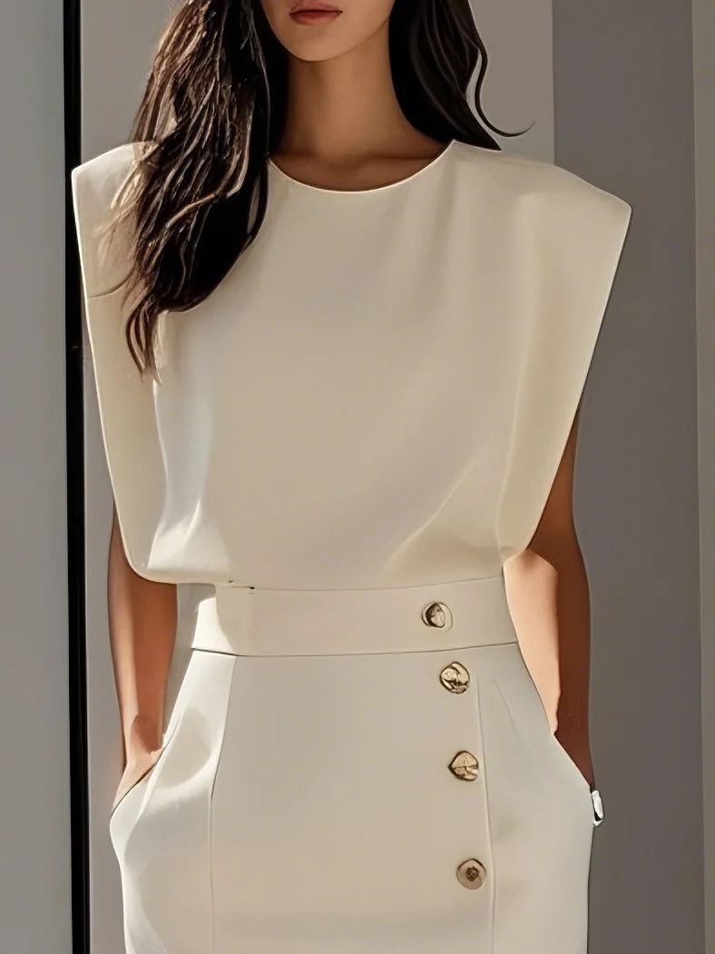Floralia - Plain midi dress with button slit and round neckline