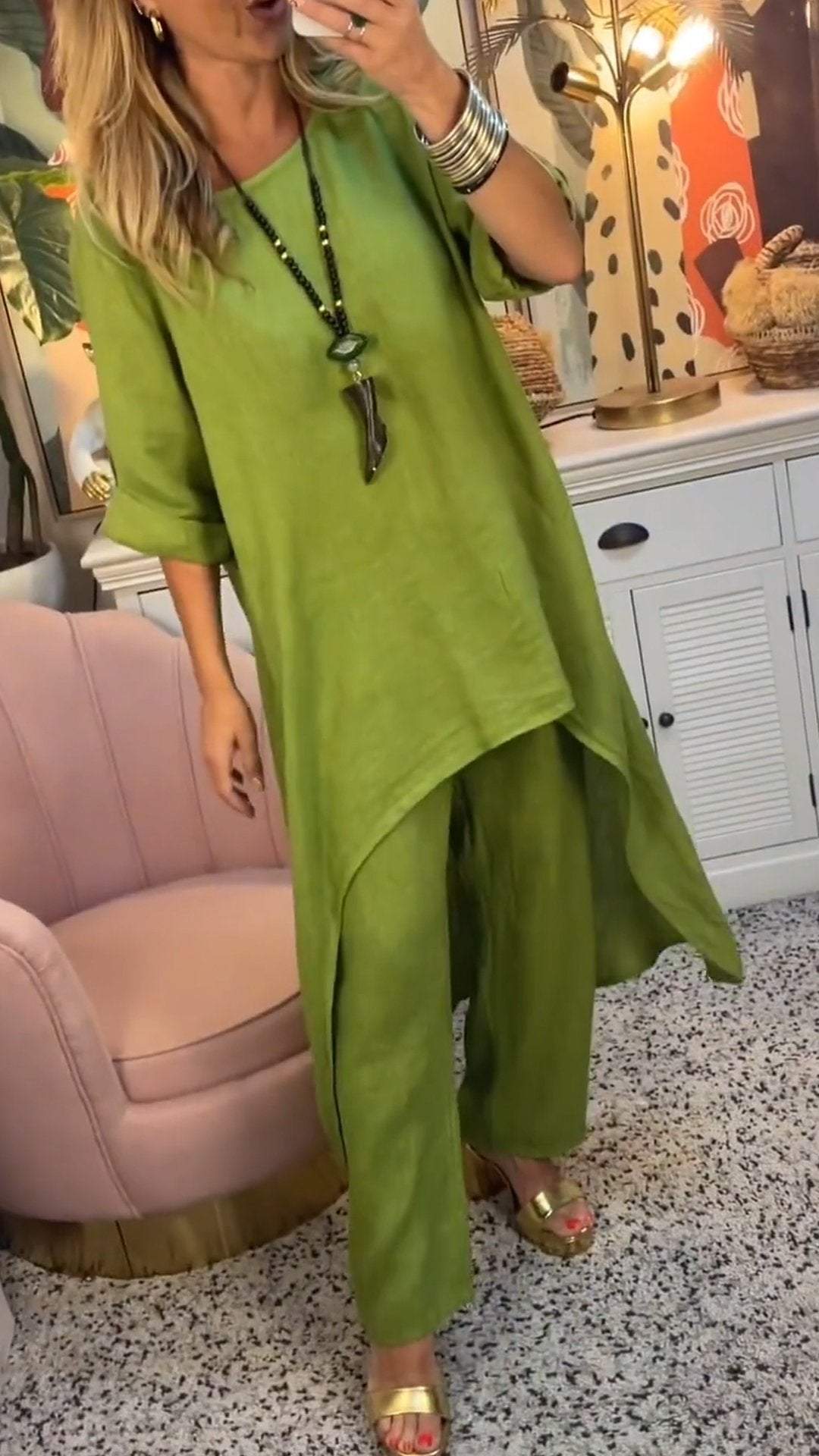 Melantha™ - Ensemble Deux Pièces Coton et Lin à Décolleté Rond Manches Longues
