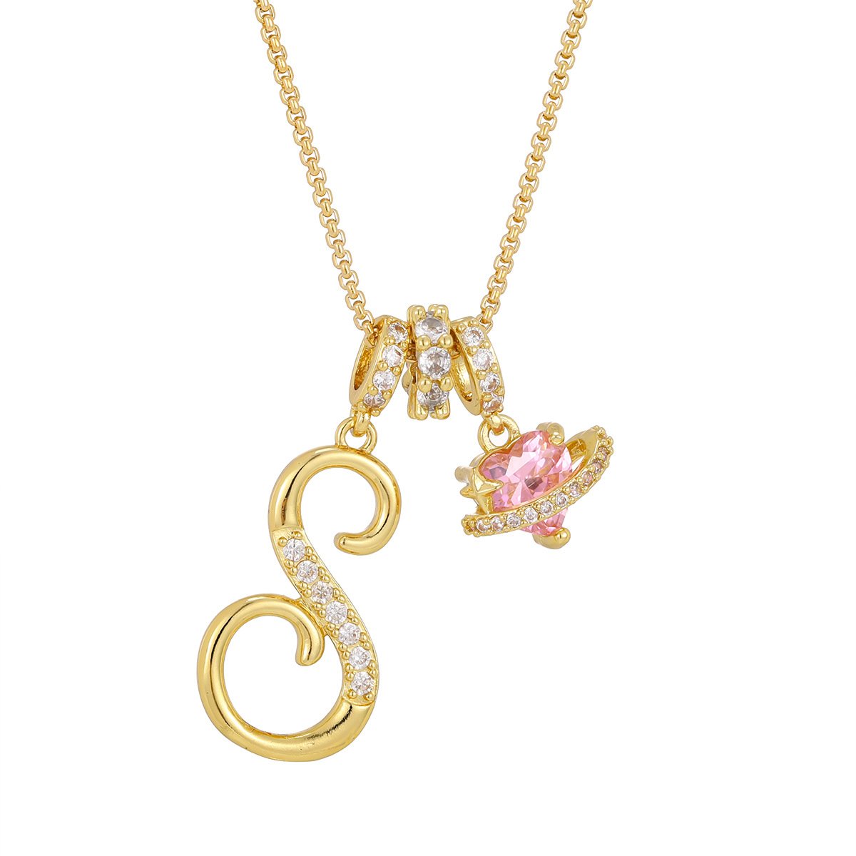 Carmelle - Initial Necklace with Sparkling Pink Heart