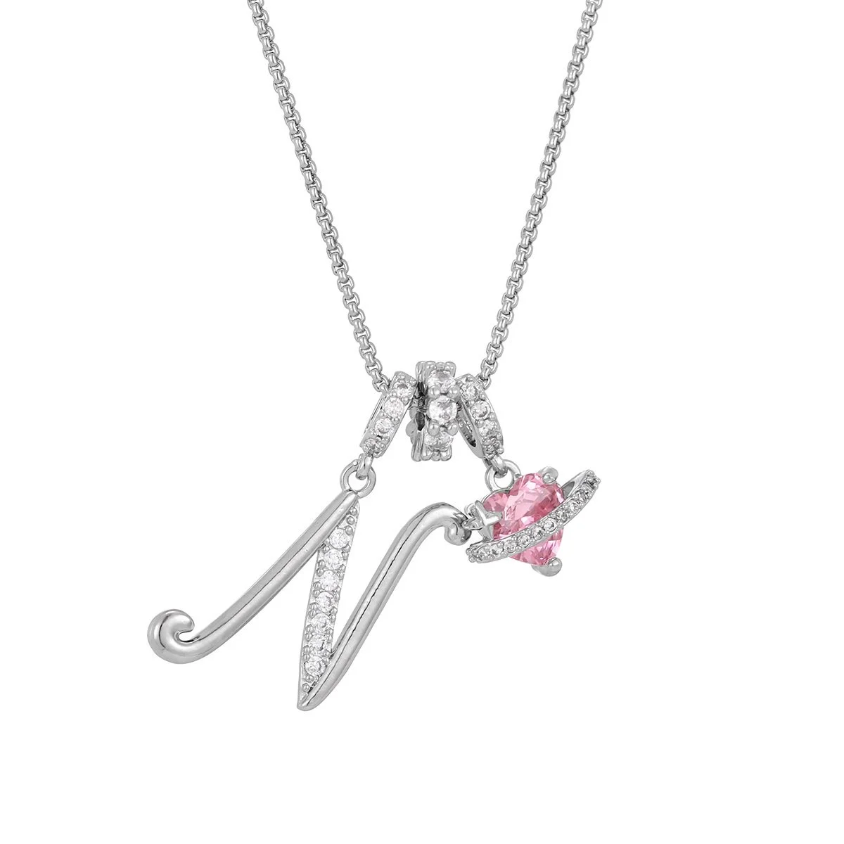 Carmelle - Initial Necklace with Sparkling Pink Heart