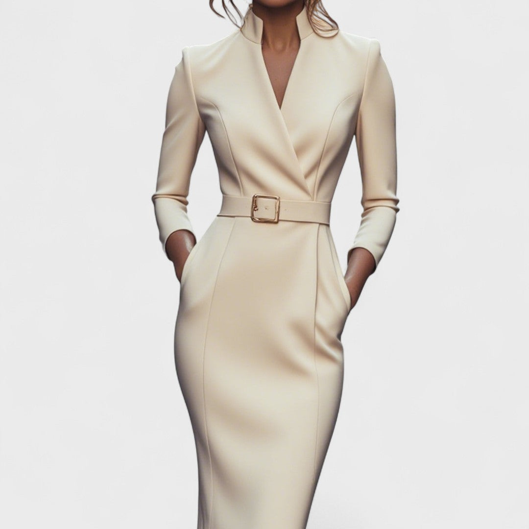 Irielle - Elegant Black Dress with Belt and Mao Collar