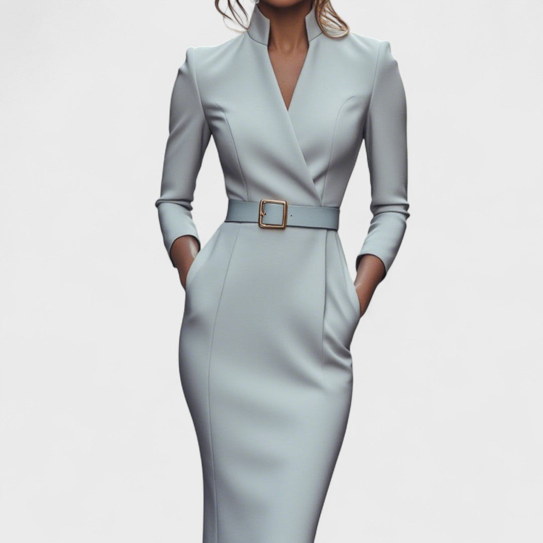 Irielle - Elegant Black Dress with Belt and Mao Collar