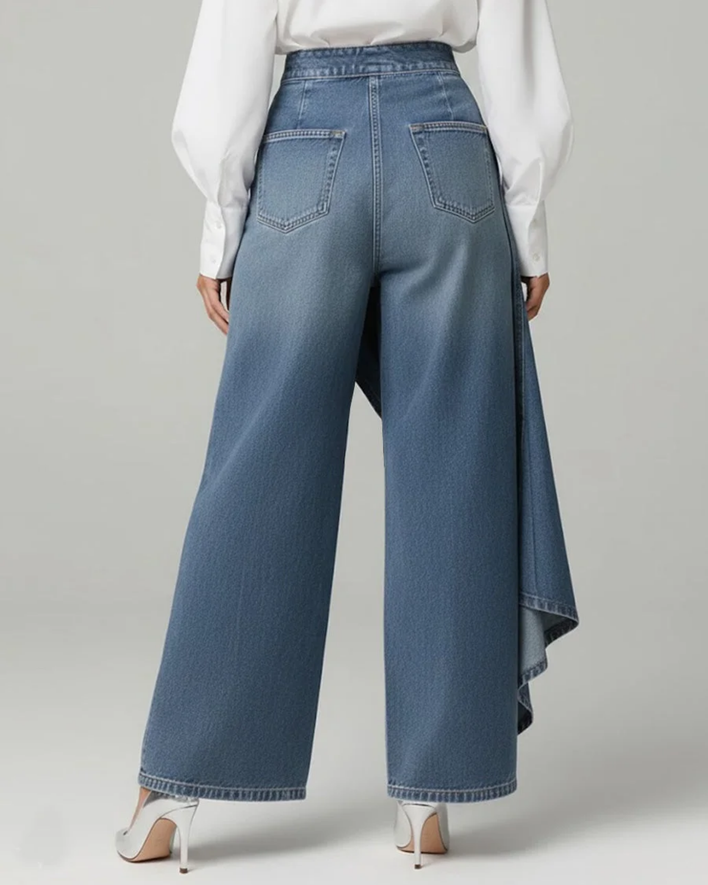 Pavellea - Wide Leg Denim Jeans with Wrap Skirt Effect