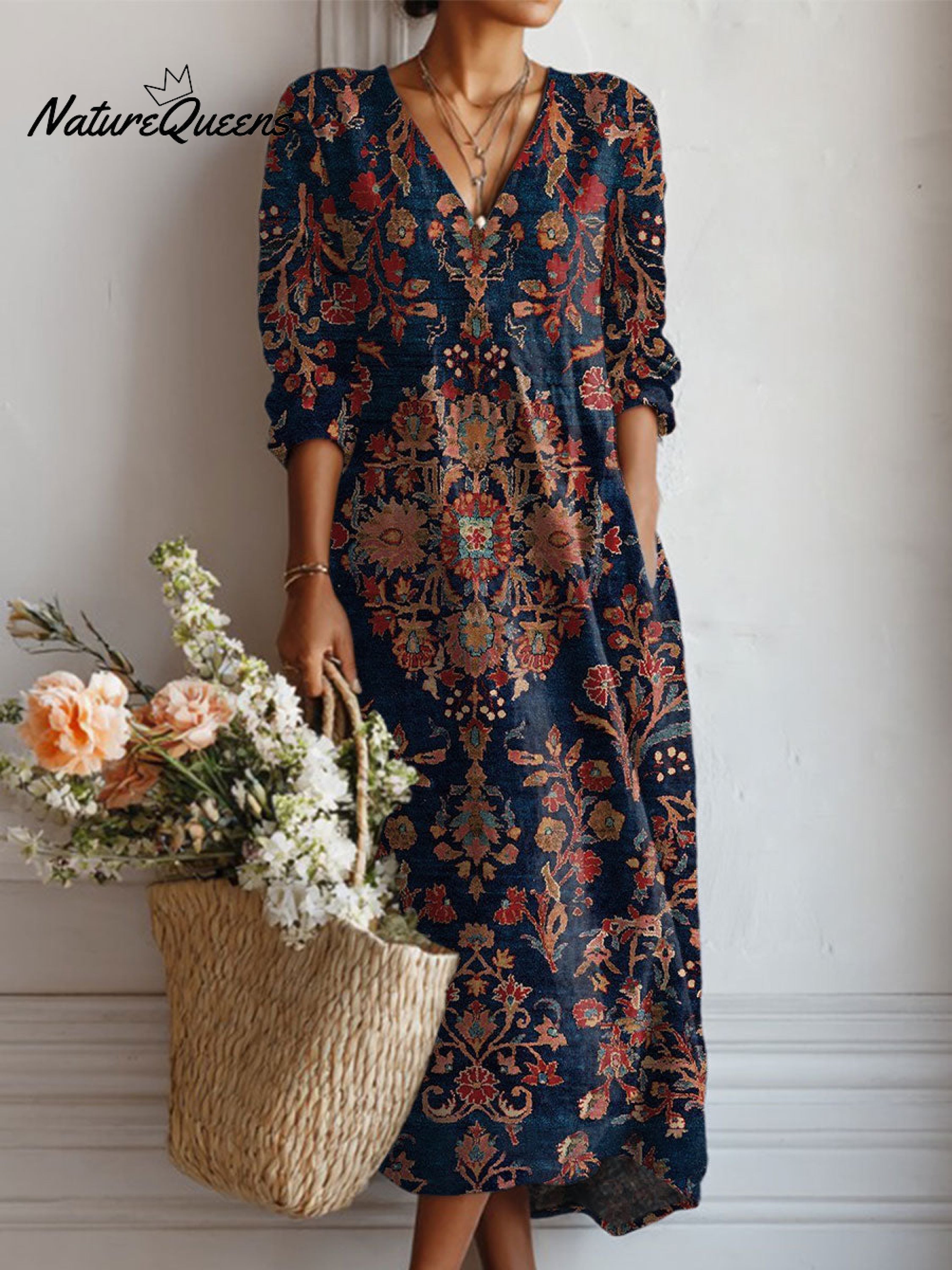 Jovelle - Robe Tunique Vintage à Imprimé Floral et Poches en Lin pour Femme