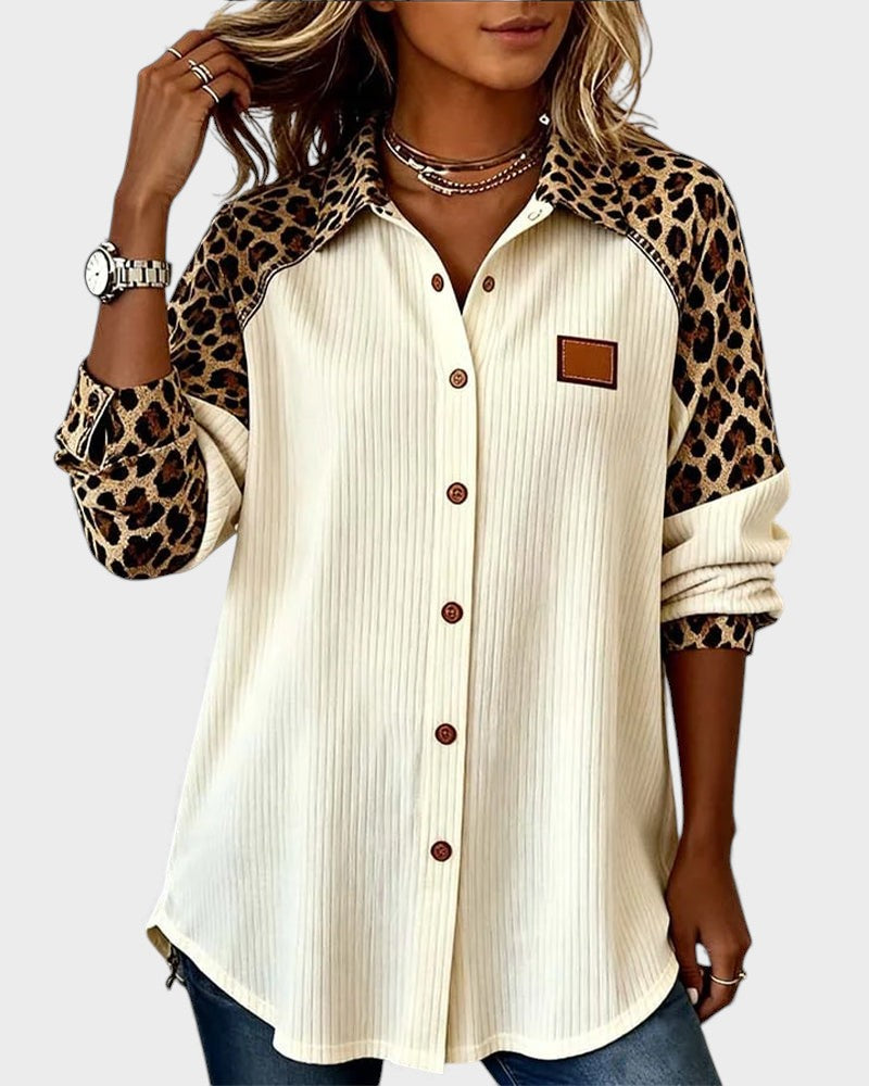 Oralynesse - Two-Tone Button-Down Shirt with Leopard Print Details 