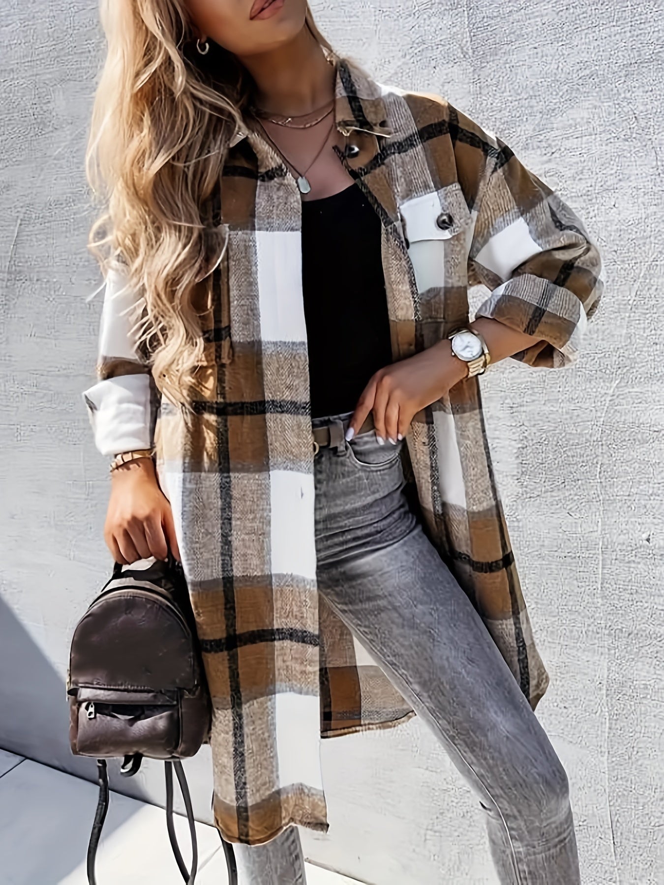Evelora - Veste Longue à Imprimé Carreaux pour Femmes