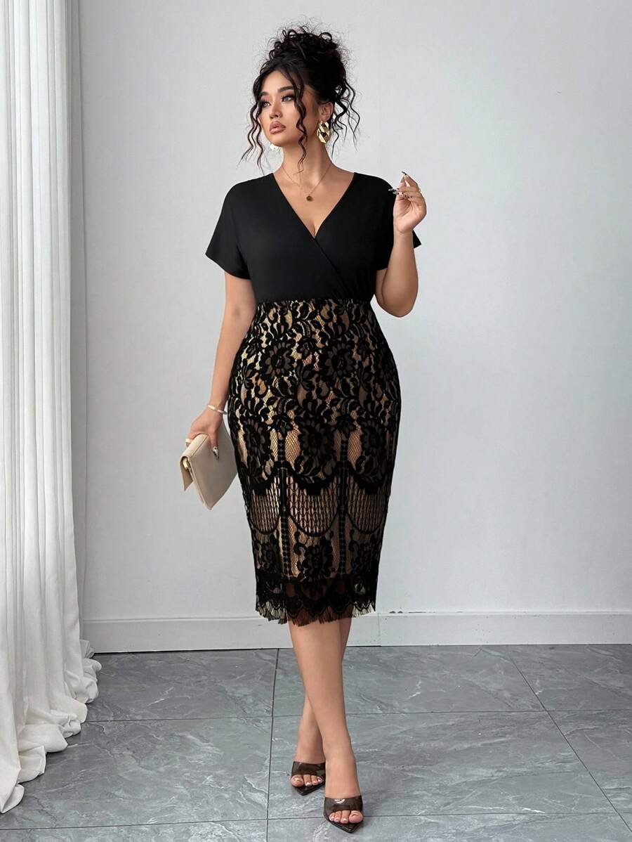 Ovelia - High-Waisted Lace Evening Dress with V-Neck and Short Sleeves 