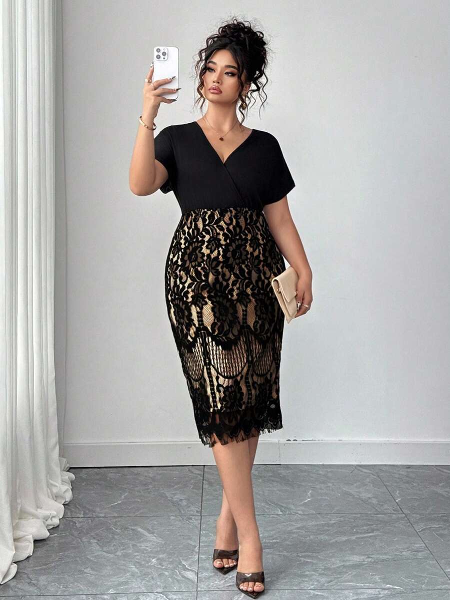 Ovelia - High-Waisted Lace Evening Dress with V-Neck and Short Sleeves 