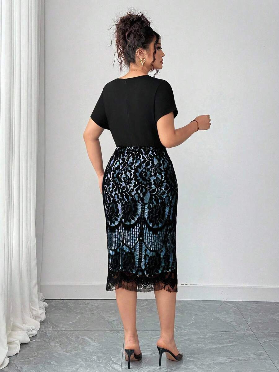 Ovelia - High-Waisted Lace Evening Dress with V-Neck and Short Sleeves 