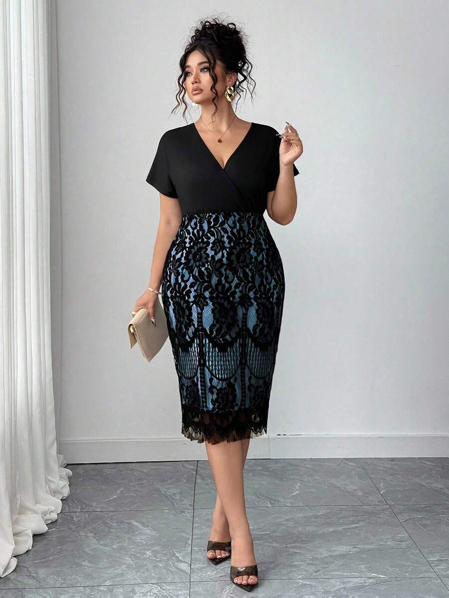 Ovelia - High-Waisted Lace Evening Dress with V-Neck and Short Sleeves 