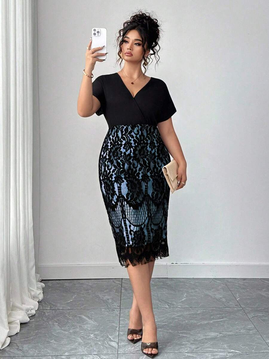 Ovelia - High-Waisted Lace Evening Dress with V-Neck and Short Sleeves 